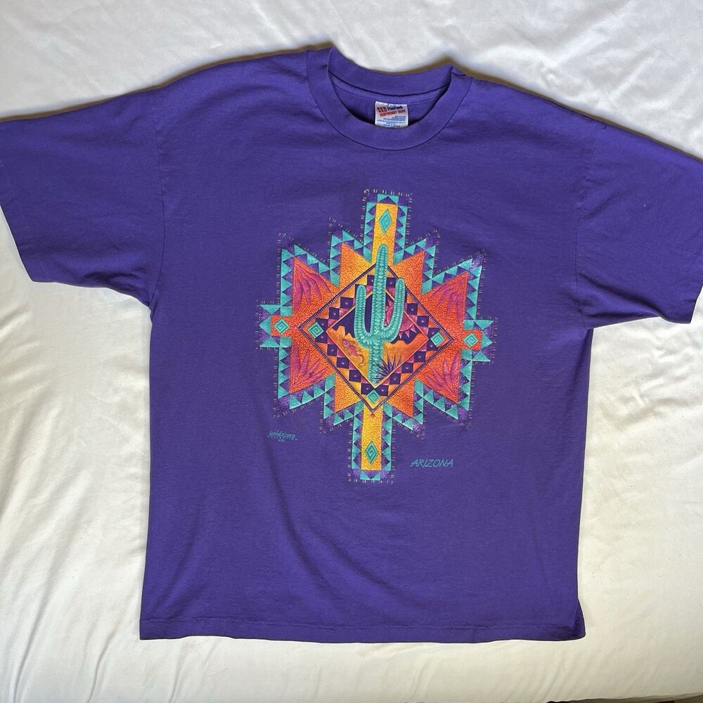Vintage 90s Arizona Purple Single Stitch T Shirt XL Cactus Tourist Style Western
